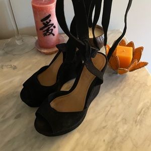 Schutz Damila Night Black Suede Thick Heel Wraparound Ankle Tassel Sandal Pumps